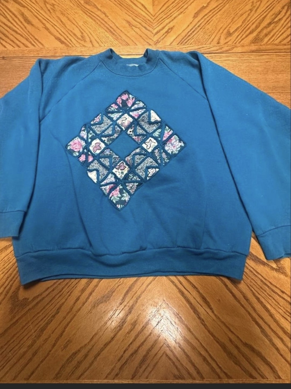 Vintage 90s Fruit of the Loom 2X Teal Quilt Patchwork Sweatshirt Grannycore